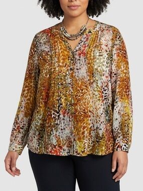 😍SHOW SPECIAL GEORGE Olive Multi Sheer Printed Long-Sleeve Blouse XL
